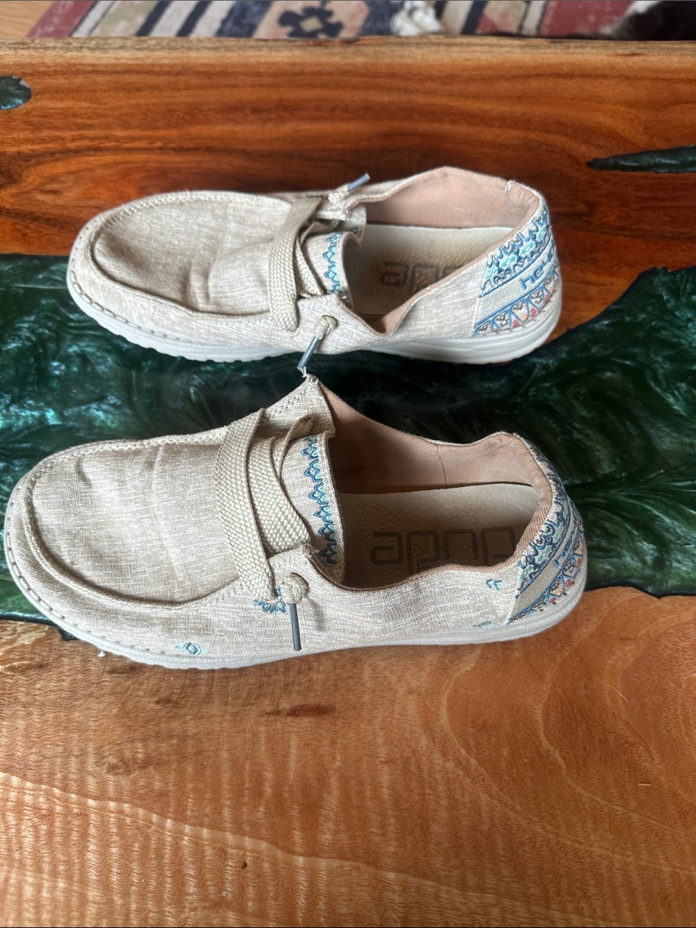 Hey Dude Beige Slip-On Moccasins with Blue Embroidered Trim